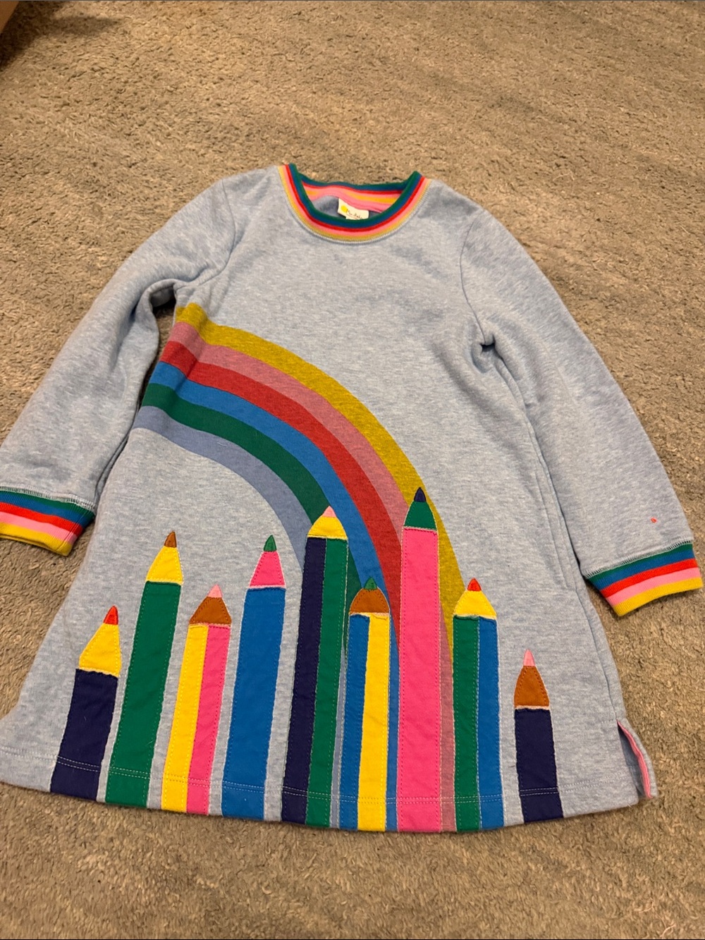 Mini Boden light blue Dress with Colorful Rainbow and Pencil Appliqués